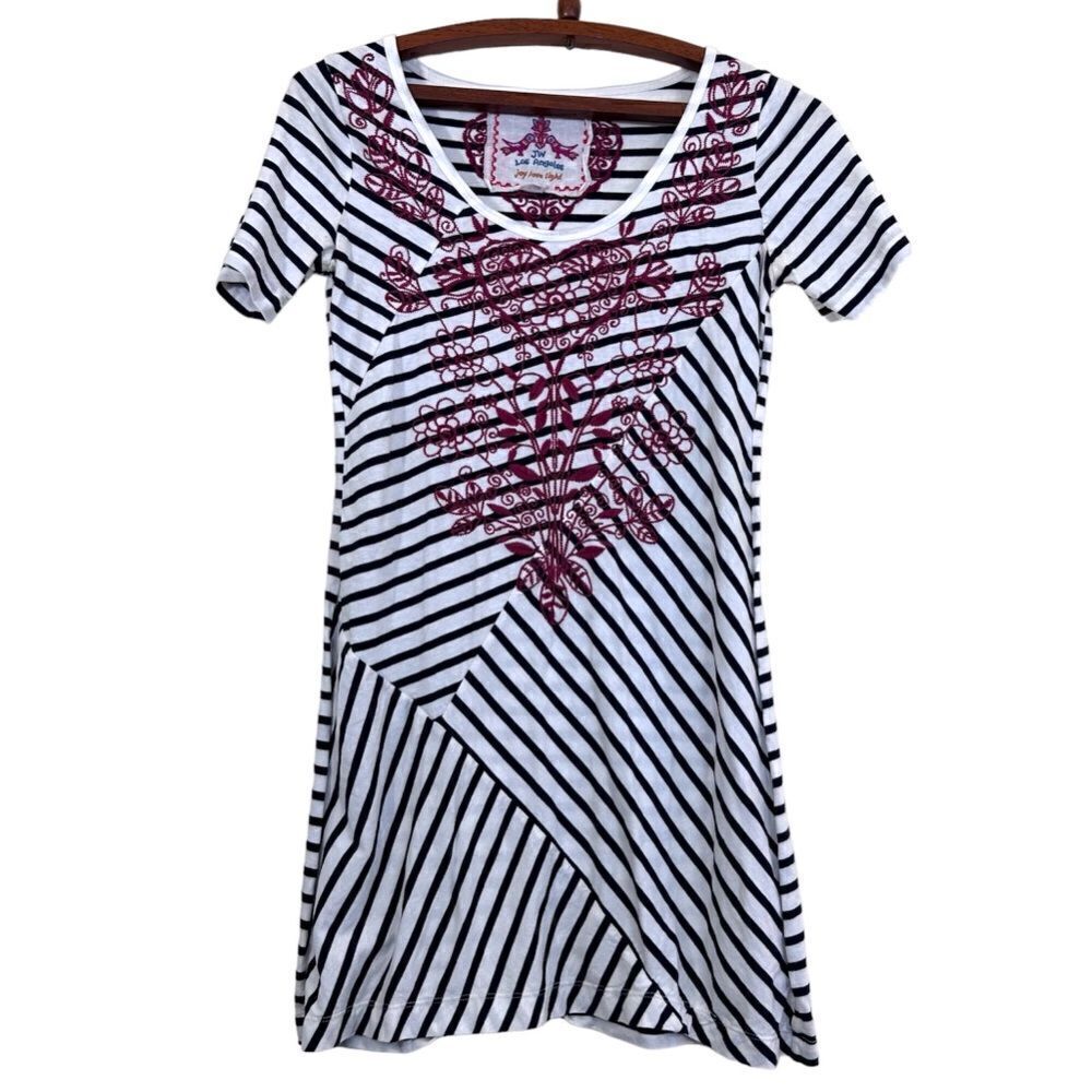 Johnny Was Los Angeles Embroidered Striped Short Sleeve Tunic Size XS